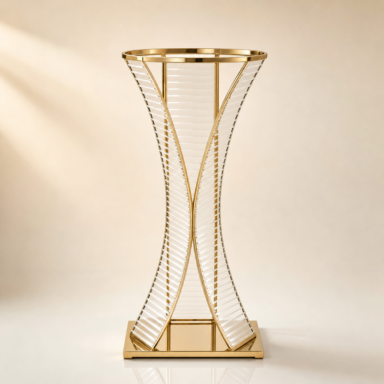 Tall gold and acrylic hourglass-shaped centerpiece riser stand