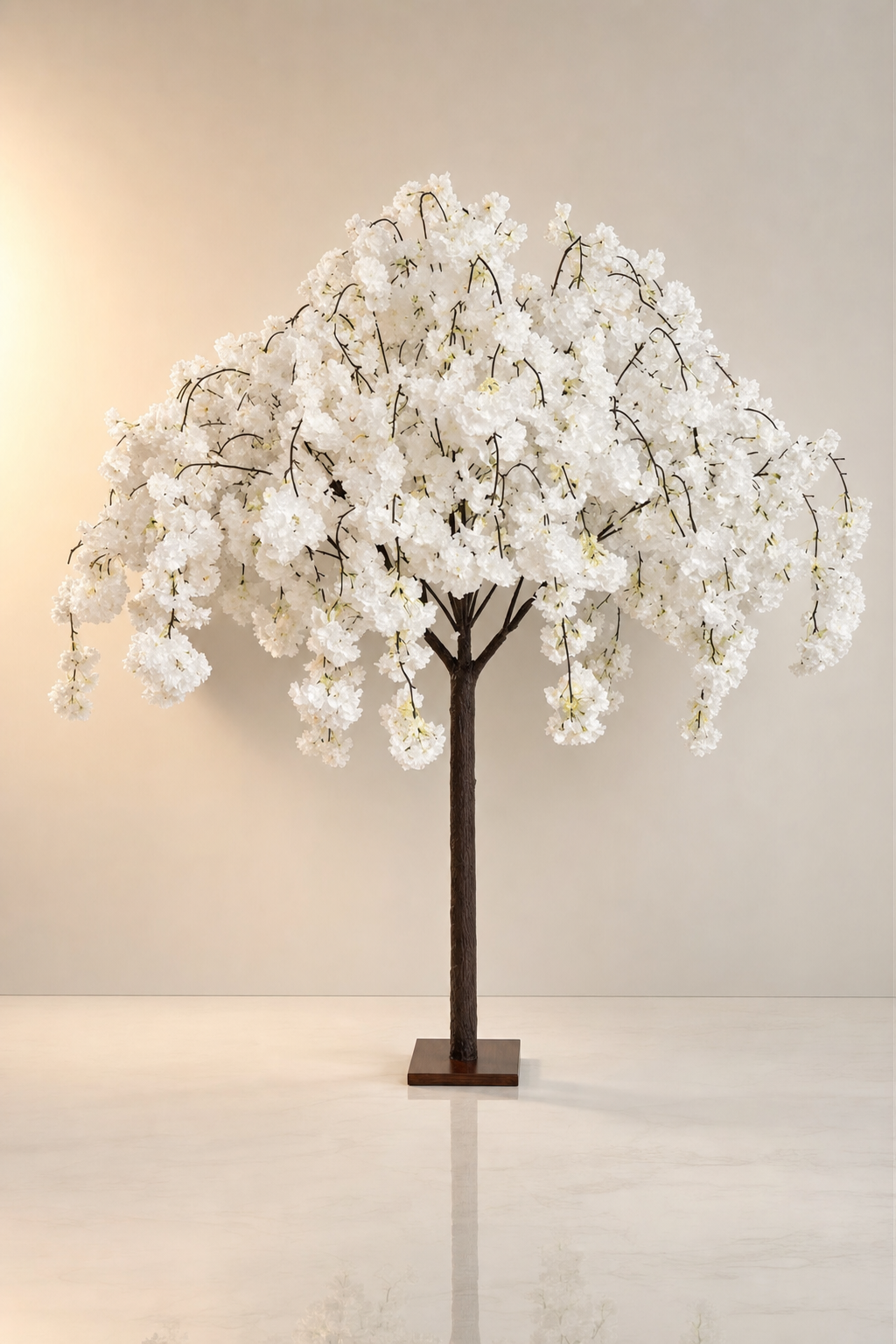 Large white cherry blossom tree on a slim wood pedestal base