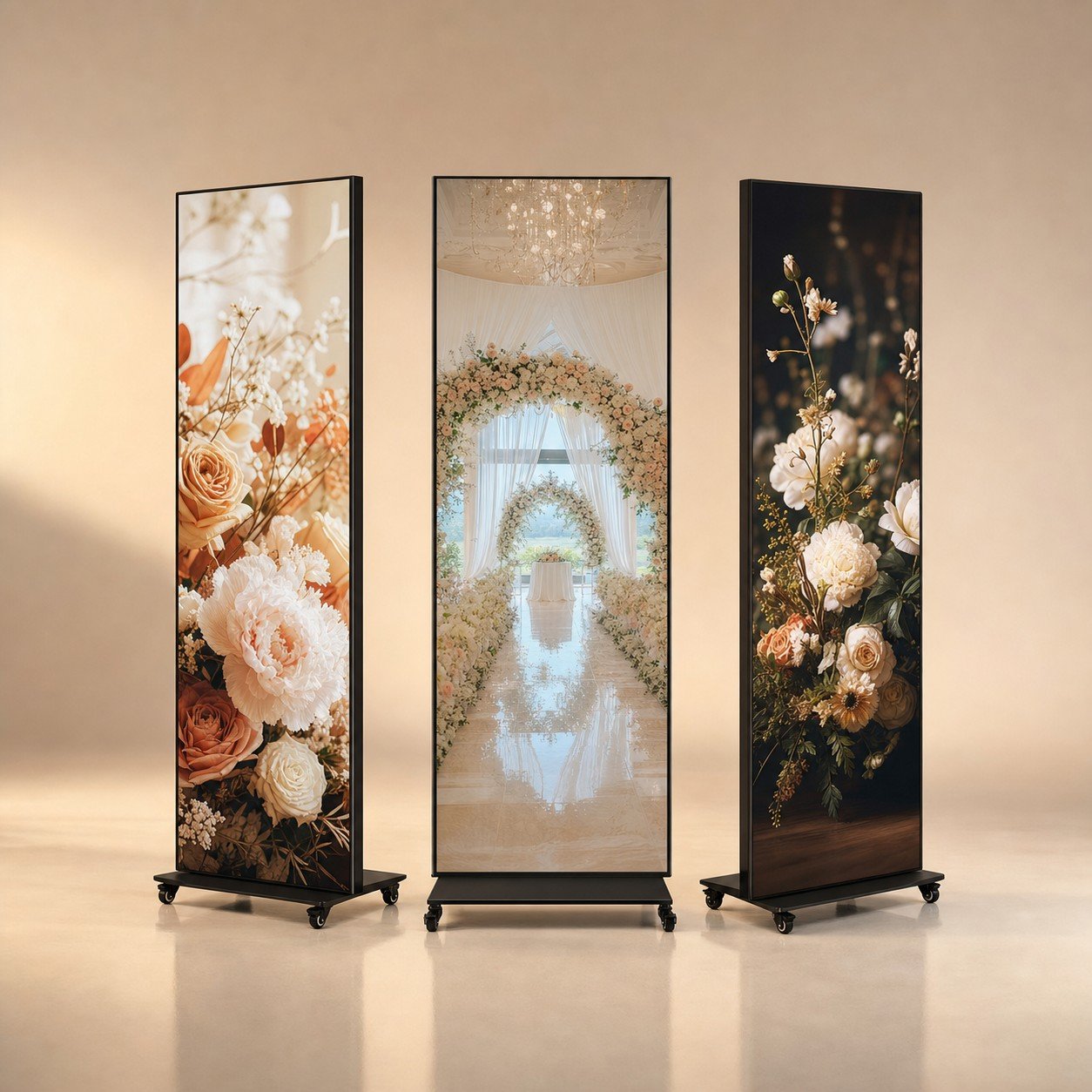 Trio of tall standing LED display screens on wheeled bases