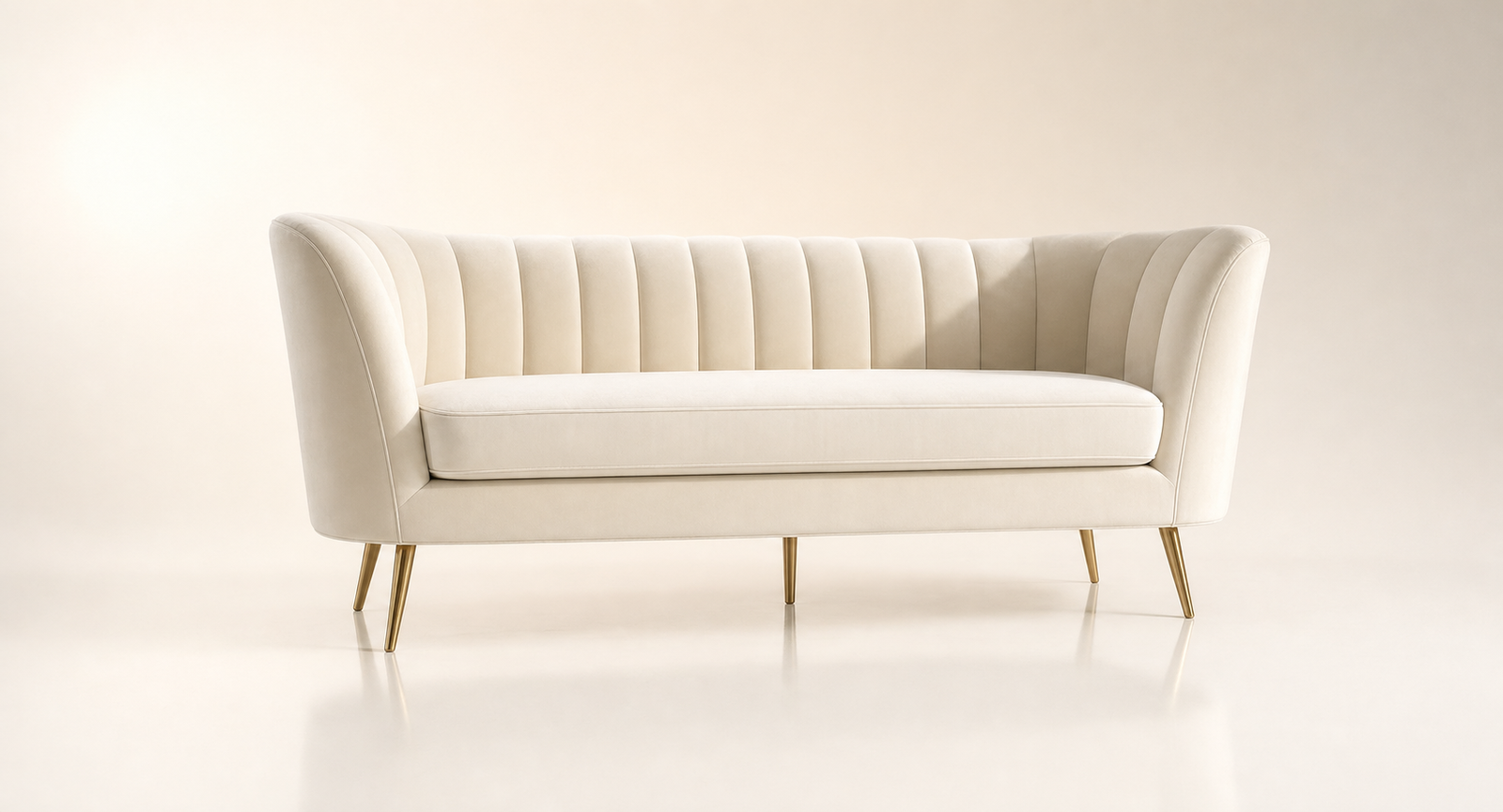 Cream ribbed velvet channel-tufted loveseat with gold legs