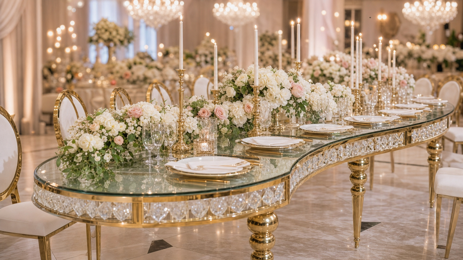 Serpentine gold banquet table styled with white florals and candles