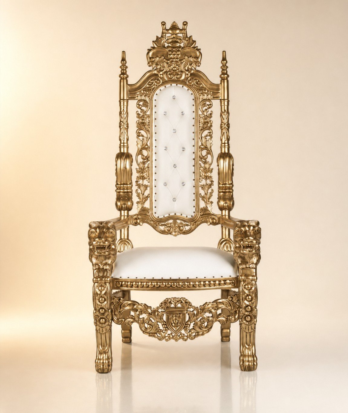 Gold baroque throne chair with lion heads and diamond crystal buttons