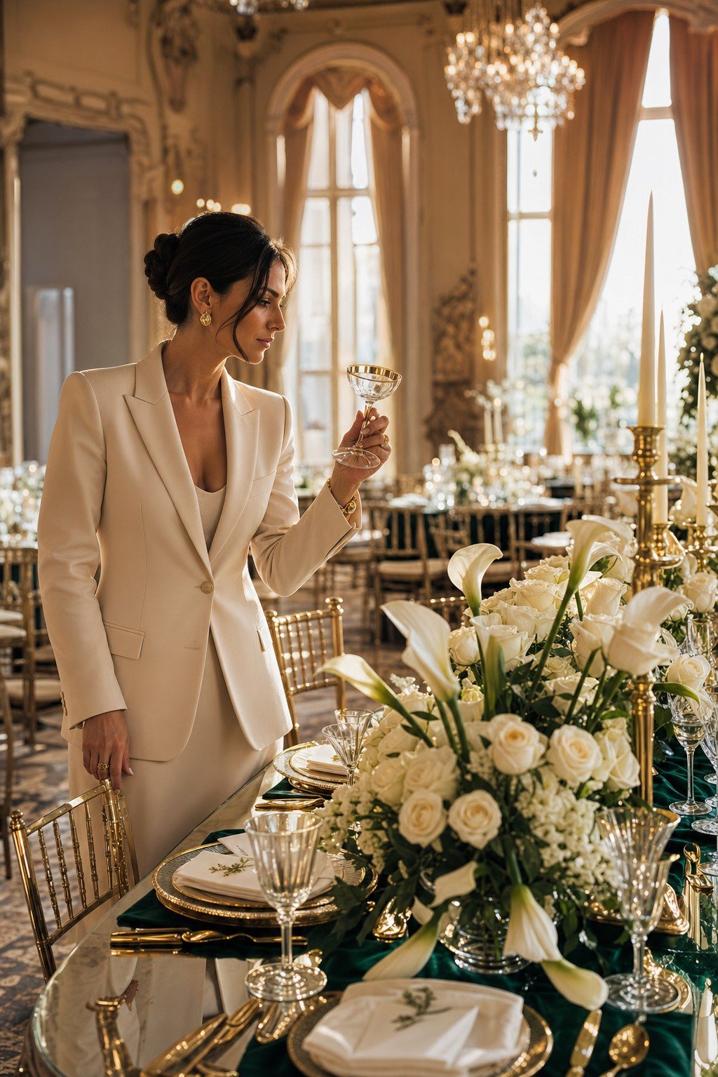 Editorial luxury event styling — designer inspecting a gold-rimmed champagne coupe at a mirror-top banquet table with white floral centerpiece and emerald velvet runner